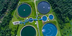 Modern wastewater treatment plant with filtration tanks and industrial water purification system